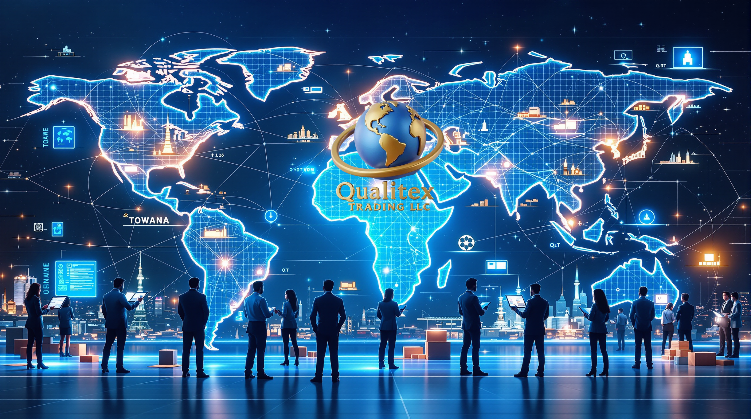 A futuristic illustration showing global trade routes connected by blockchain nodes, with digital supply chains, smart contracts, and business professionals interacting with holographic ledgers, representing Qualitex Trading LLC’s vision for transparent and decentralized commerce.