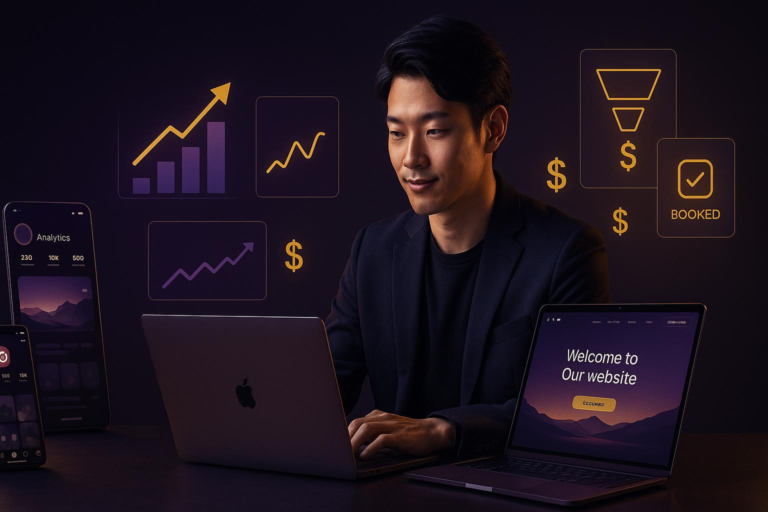 Bilingual landing page concept turning social media views into bookings and sales; floating devices show Instagram, TikTok analytics, and a website with rising conversion graphs on a dark purple–gold tech background.