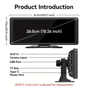 AHOUDY 26.06cm Carplay Android Auto Universal Car Multimedia Player with Backup Camera, USB/AUX/TF Ports, Wide Angle Lens, Resolution, Wireless, -20°C to +55°C, Car Multimedia Player, Sleek Car Accessory, Durable Car Accessory