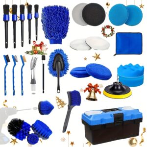Car Wash Set 30pcs [Time Saving X Highly Efficient Professional Specification Set] Includes Absorbent Towel, Car/Motorcycle Wash Brush 5pcs, Gloves, Folding Bucket, Cloth, Wheel Brush, Easy Connection, Powerful Cleaning Includes Storage Box