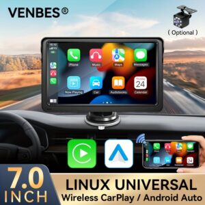 VENBES 7-Inch Universal Car Multimedia Player with Wireless Carplay/Android Auto, Touch Screen, USB, FM, AUX, Built-in Wireless, Mono Audio Output, Hand Control