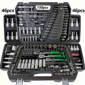 46/150pcs Heavy-Duty Metal Automotive Mechanic Tool Set with Socket Wrench & Ratchet - All-In-One Mechanic'S Toolbox with Storage Box, Impact-Resistant Construction